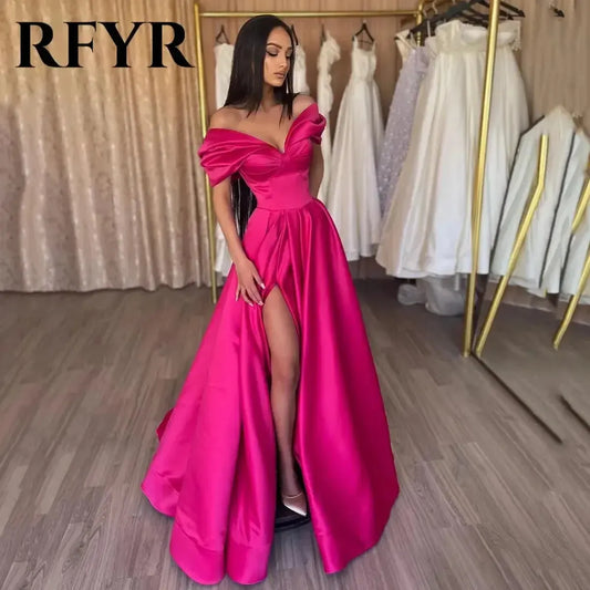 Robe Satinée Fendue Off Shoulder-Saylana
