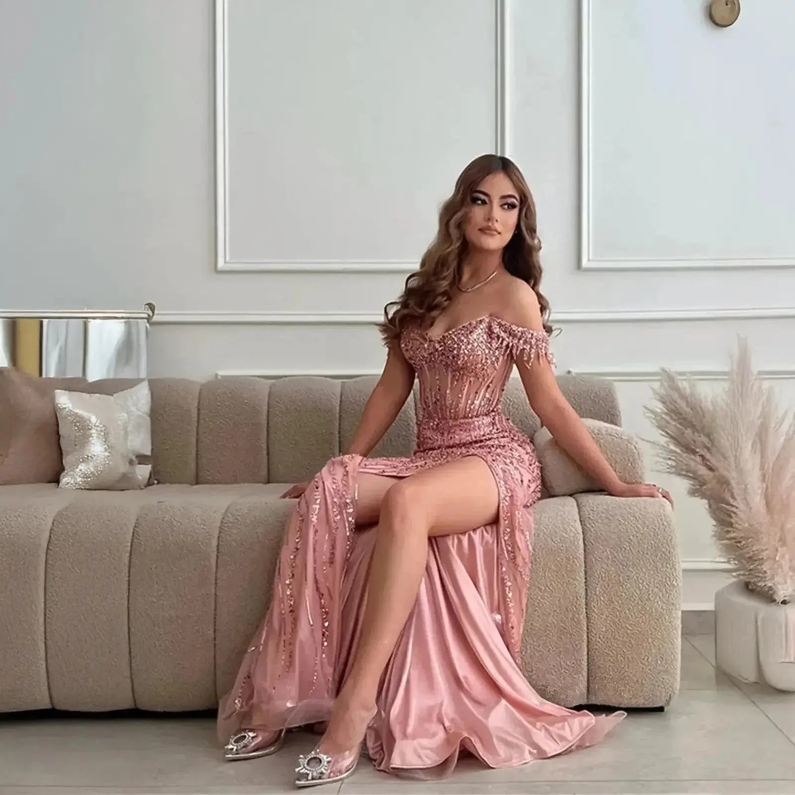 Robe Sirène Bleu Gris Perlée Saylana