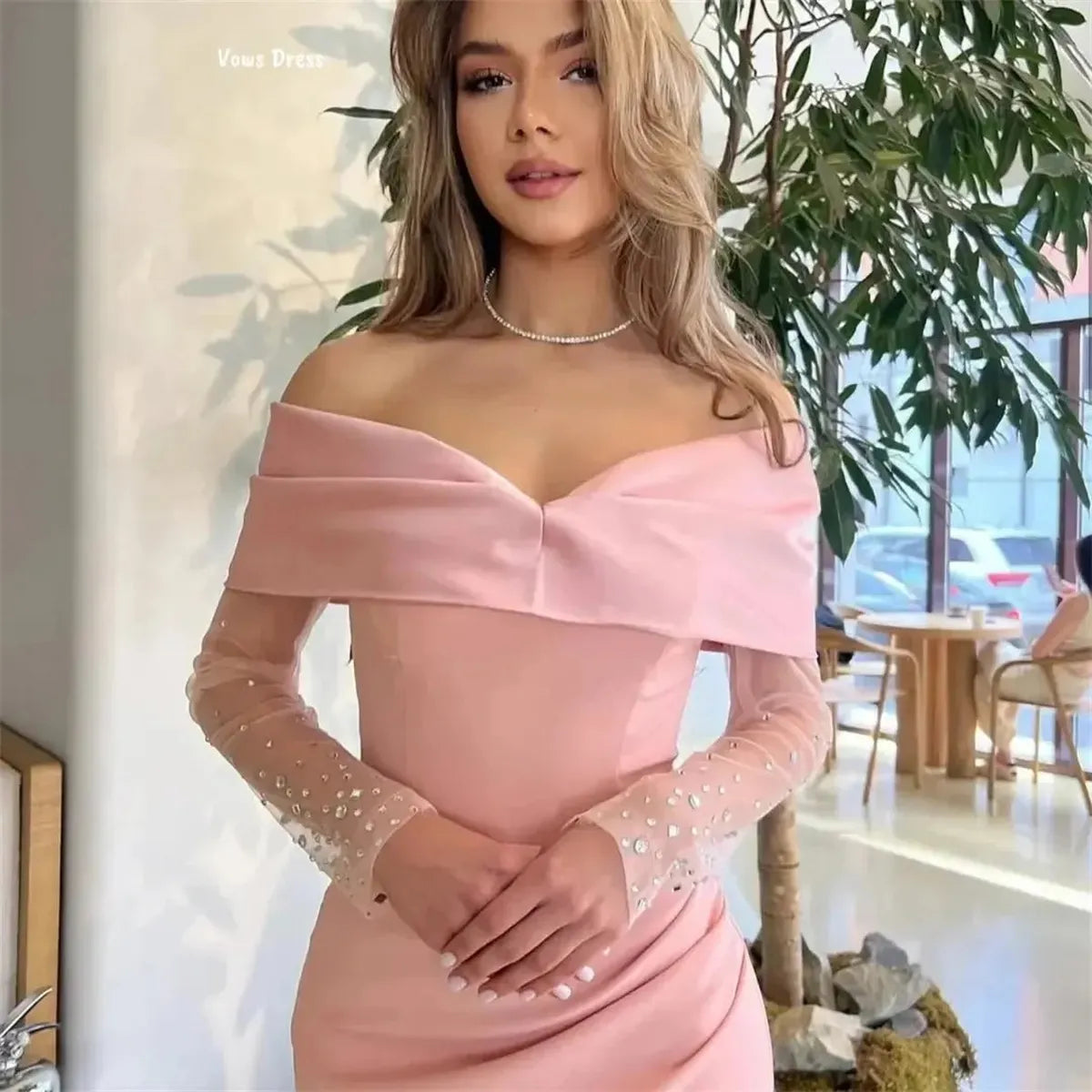 Robe Sirène Rose Épaules Dénudées-Saylana