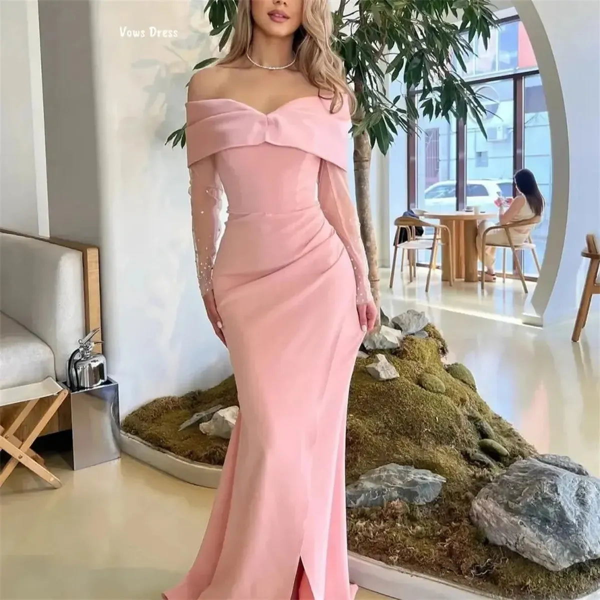 Robe Sirène Rose Épaules Dénudées-Saylana