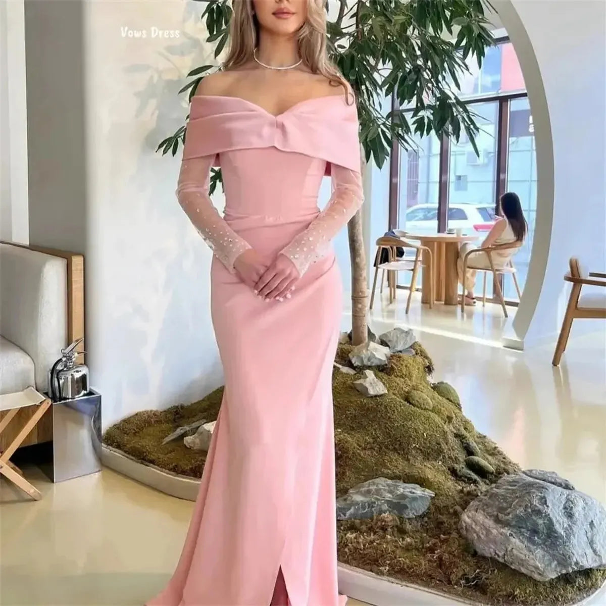 Robe Sirène Rose Épaules Dénudées-Saylana