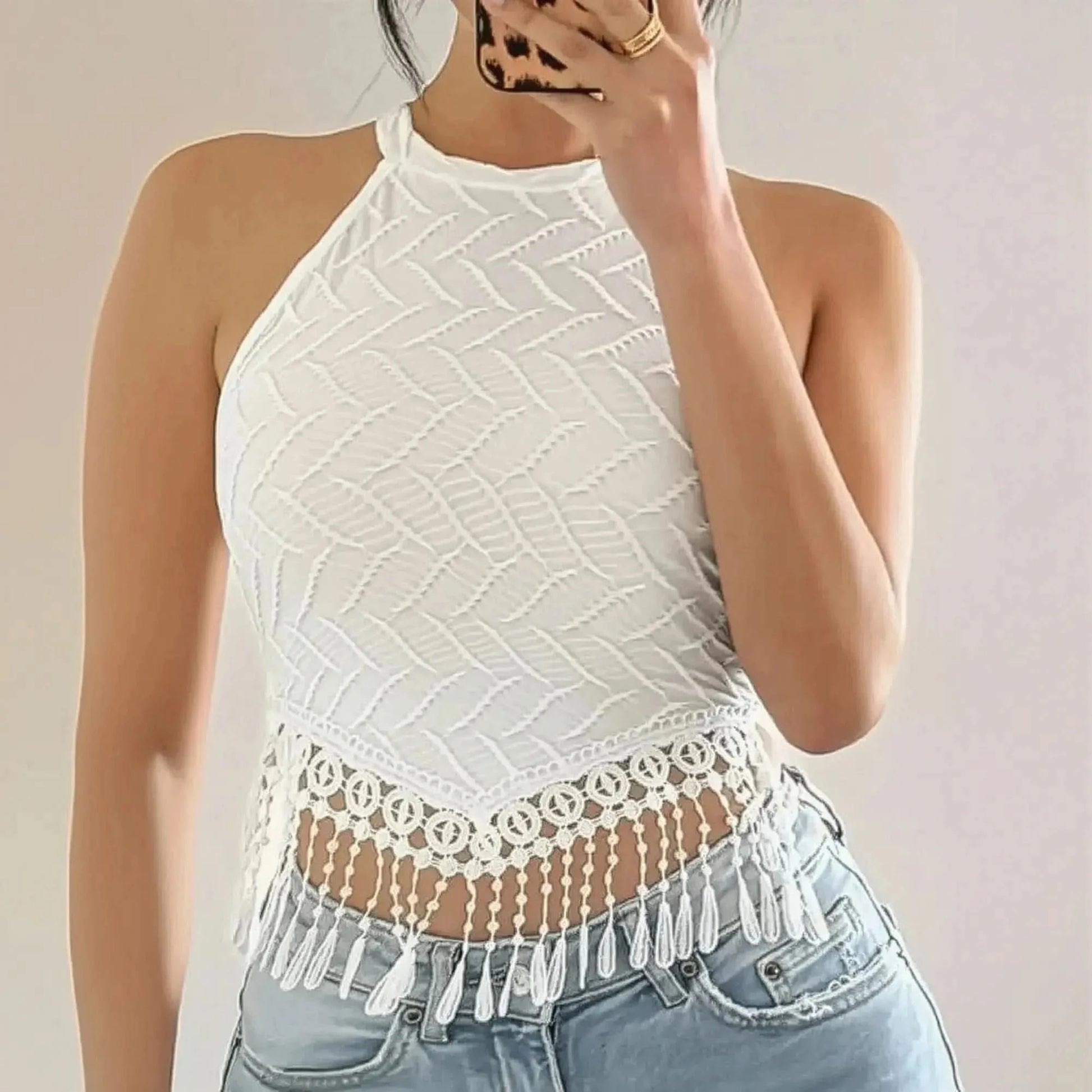 Crop Top Sans Manches à Franges - Saylana
