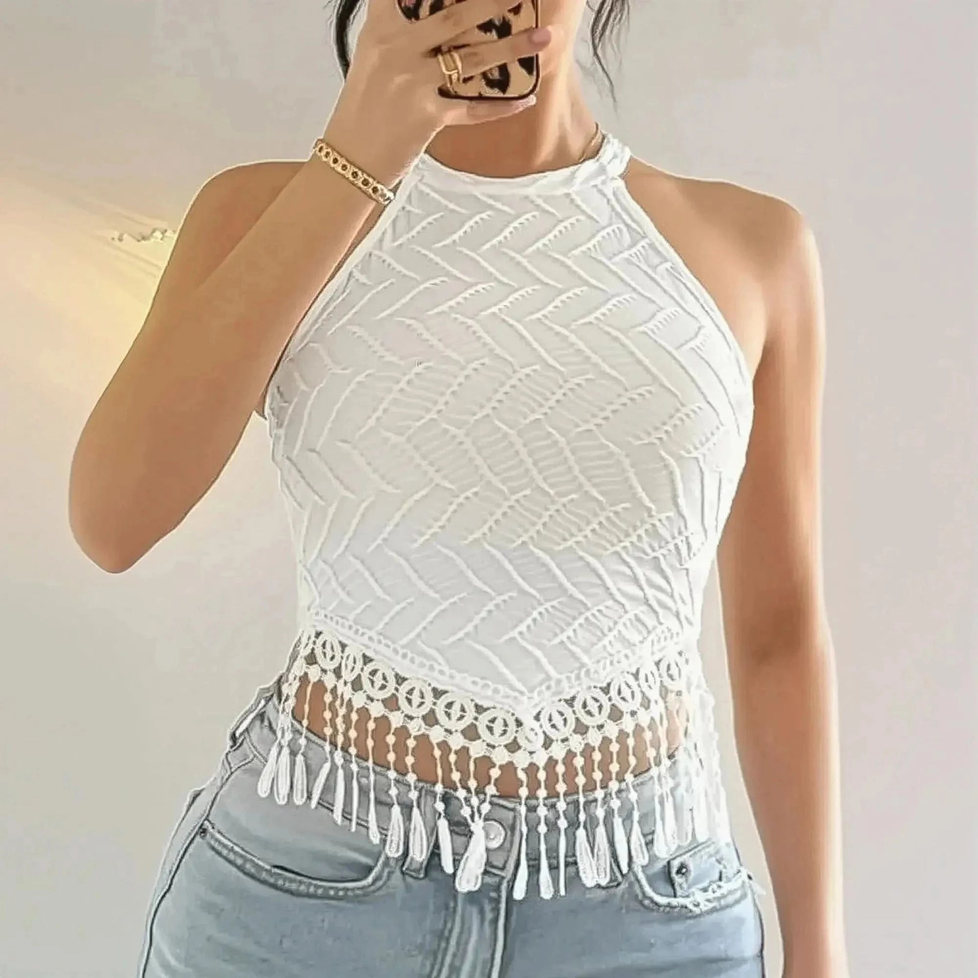 Crop Top Sans Manches à Franges - Saylana