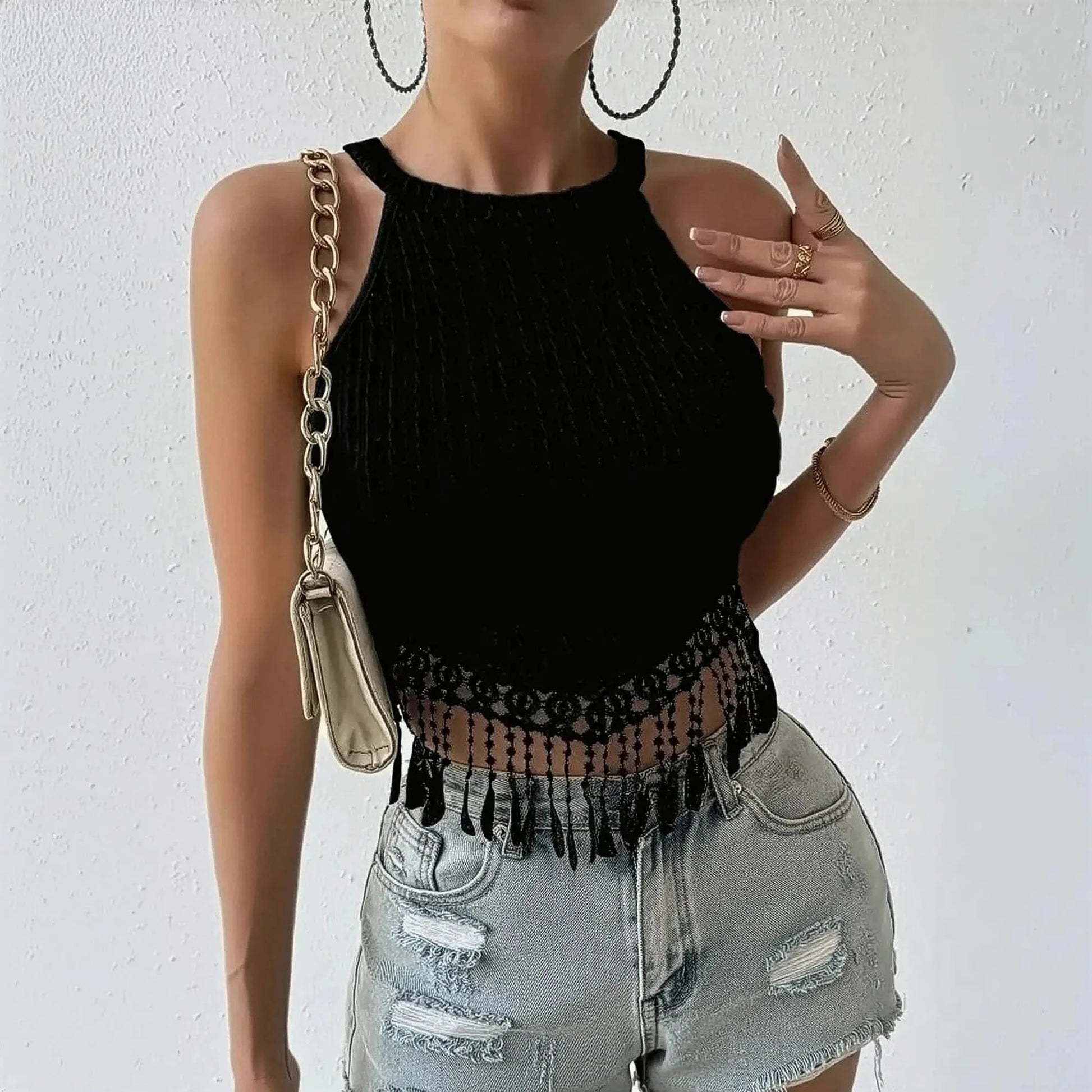 Crop Top Sans Manches à Franges - Saylana