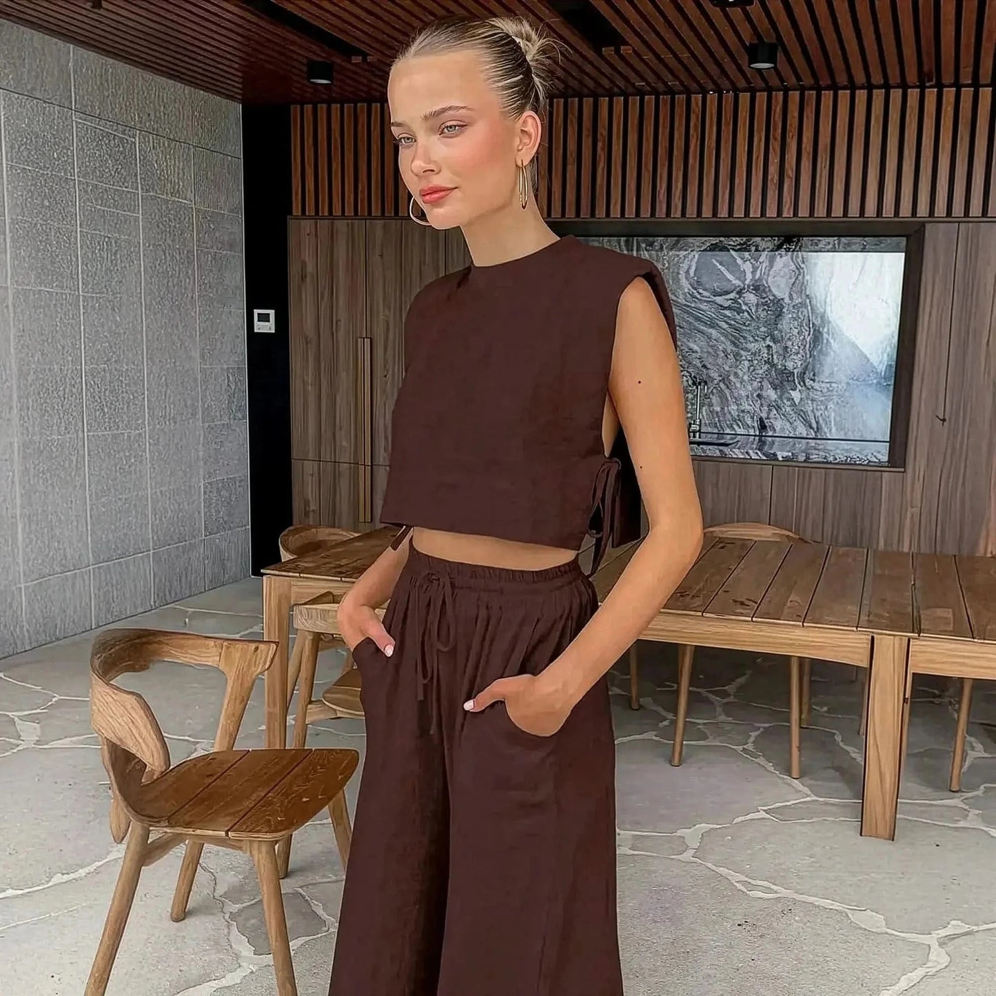 Ensemble Lin 2 Pièces : Crop Top + Pantalon Été - Saylana