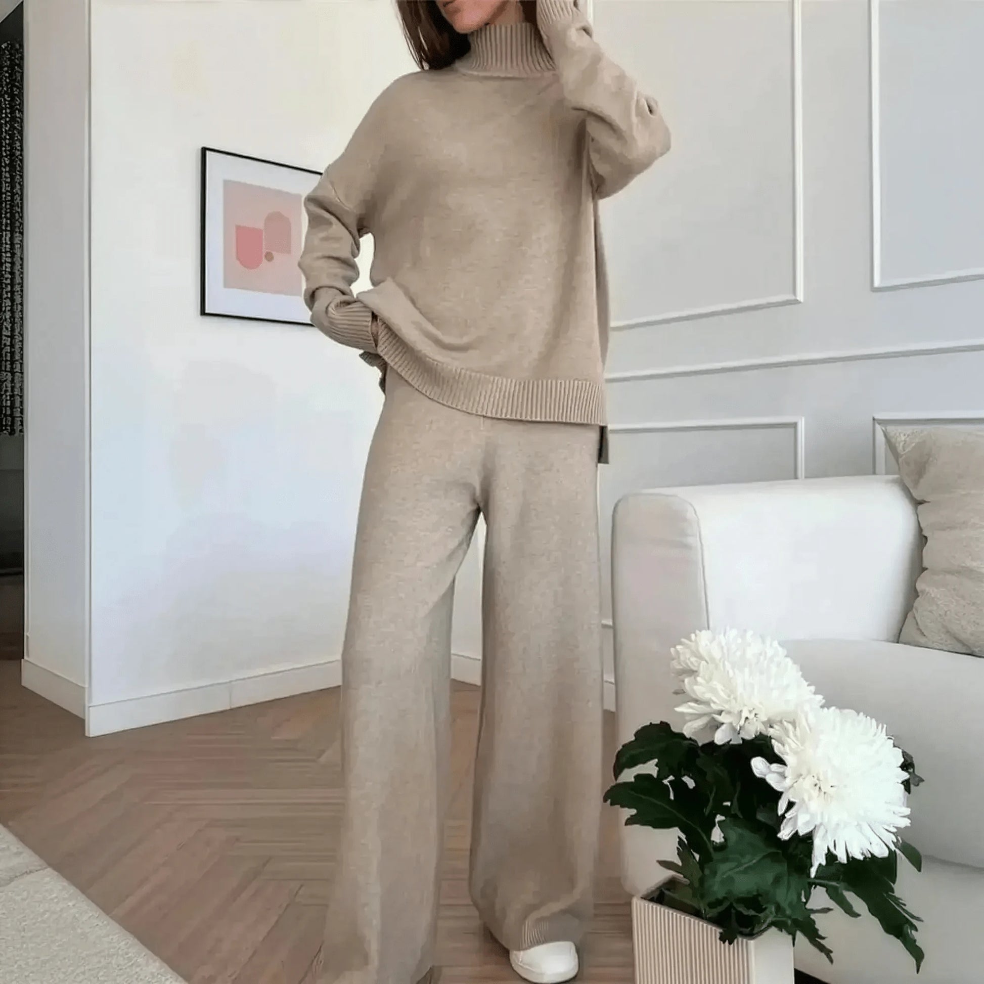 Ensemble Tricoté Femme : Col Roulé + Pantalon Droit - Saylana