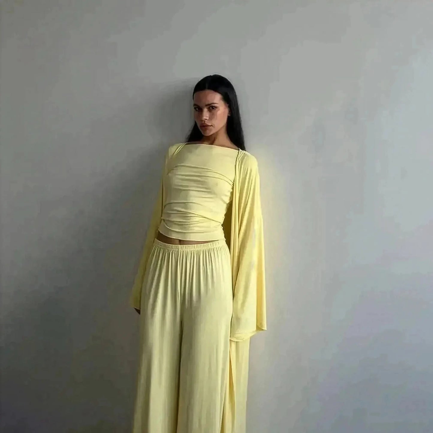 Ensemble 3 Pièces Élégant : Long Cardigan + Top + Pantalon Taille Haute - Saylana