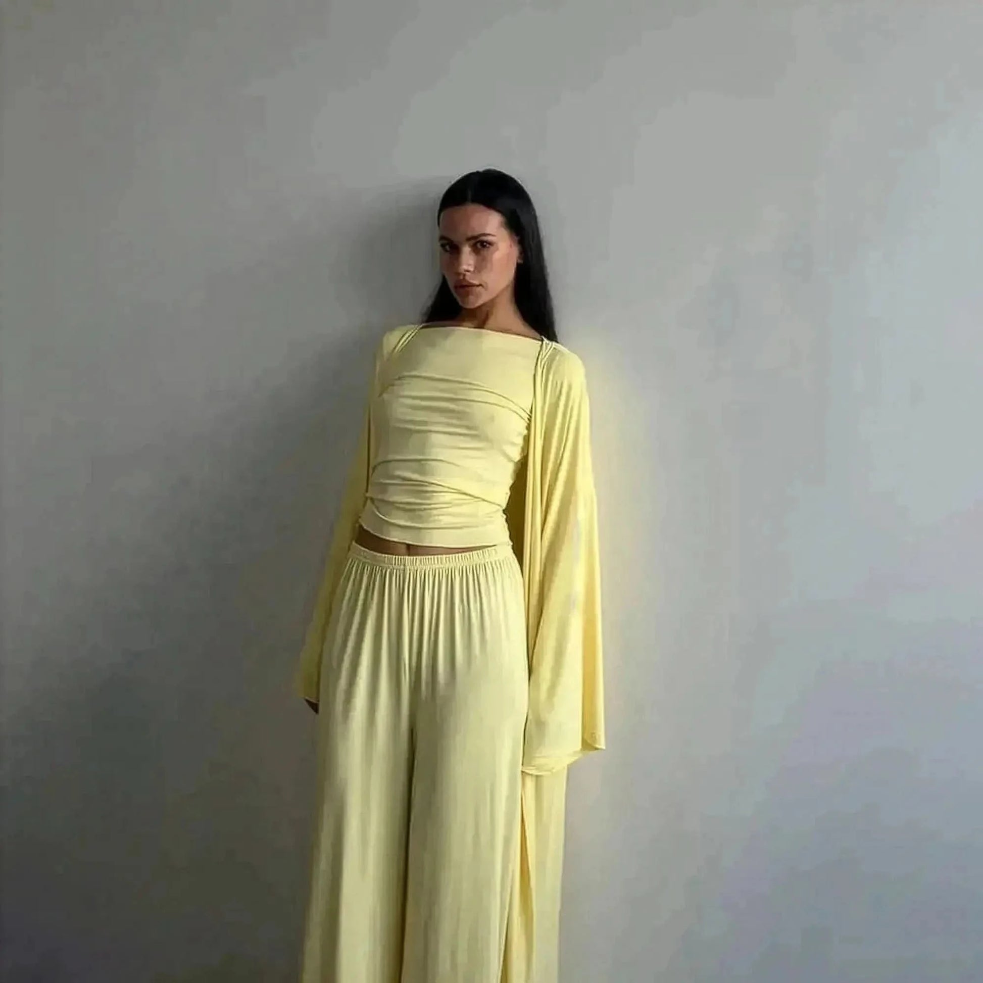 Ensemble 3 Pièces Élégant : Long Cardigan + Top + Pantalon Taille Haute - Saylana