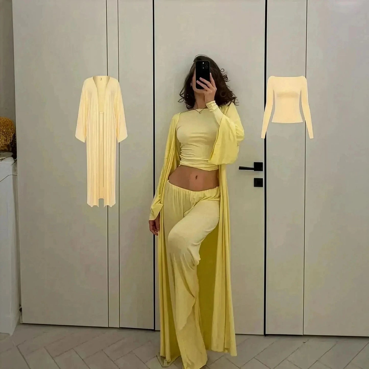 Ensemble 3 Pièces Élégant : Long Cardigan + Top + Pantalon Taille Haute - Saylana