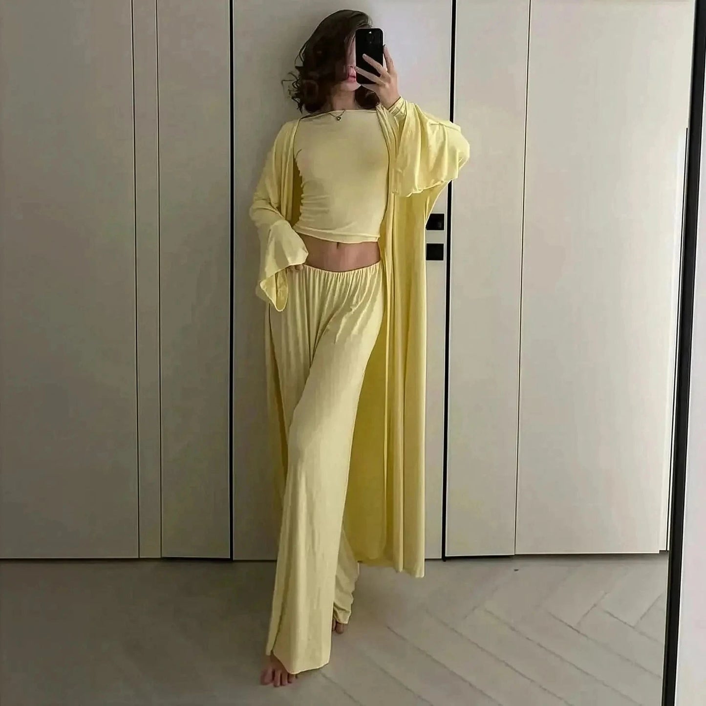 Ensemble 3 Pièces Élégant : Long Cardigan + Top + Pantalon Taille Haute - Saylana