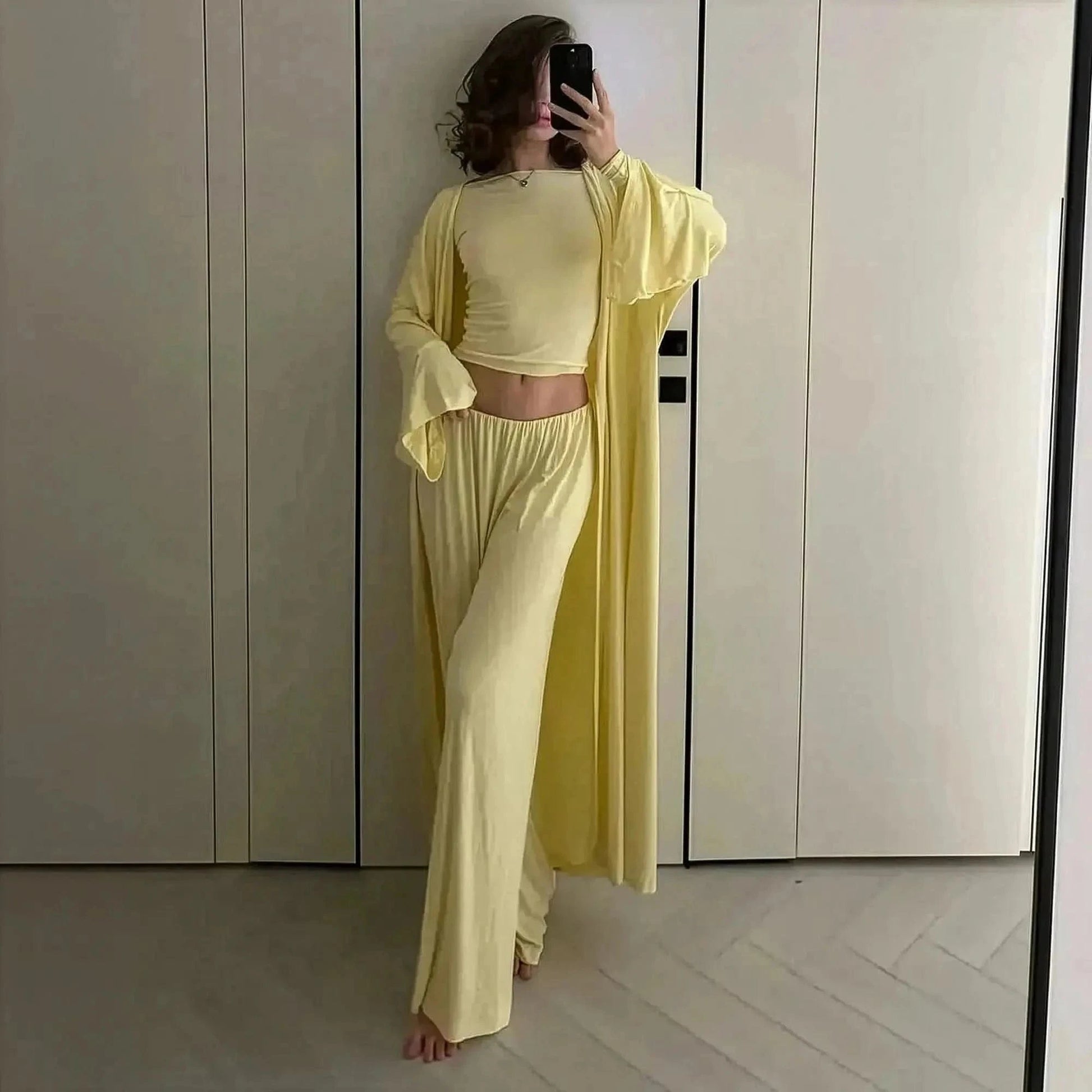 Ensemble 3 Pièces Élégant : Long Cardigan + Top + Pantalon Taille Haute - Saylana