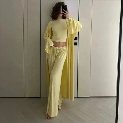 Ensemble 3 Pièces Élégant : Long Cardigan + Top + Pantalon Taille Haute - Saylana