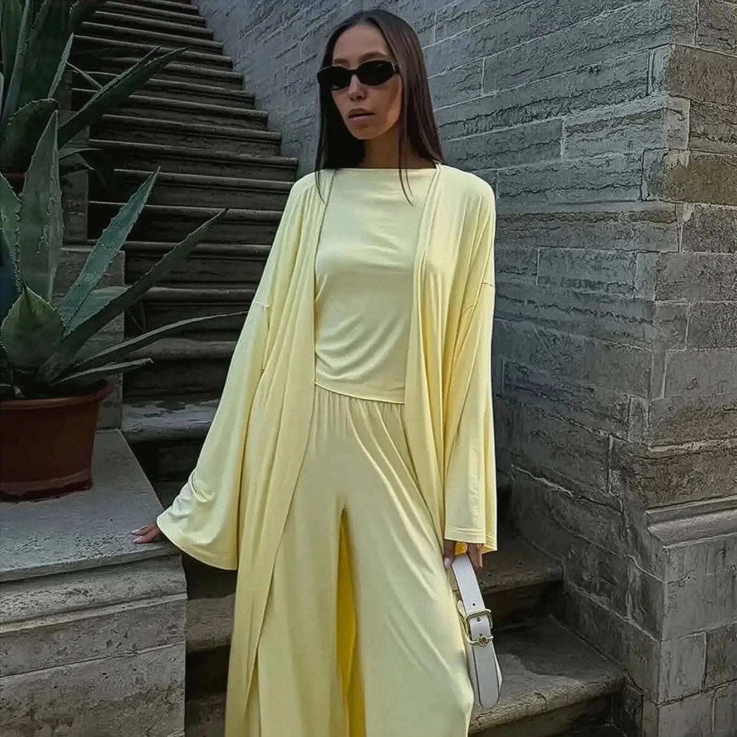 Ensemble 3 Pièces Élégant : Long Cardigan + Top + Pantalon Taille Haute - Saylana