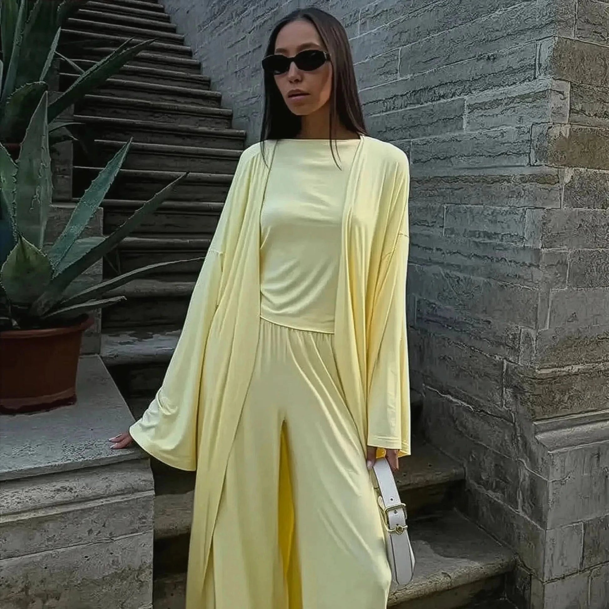 Ensemble 3 Pièces Élégant : Long Cardigan + Top + Pantalon Taille Haute - Saylana