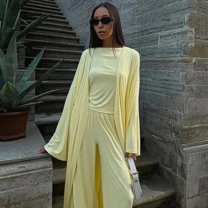 Ensemble 3 Pièces Élégant : Long Cardigan + Top + Pantalon Taille Haute - Saylana