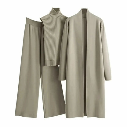 Ensemble 3 Pièces Tricot : Gilet Long + Pull Sans Manches + Pantalon - Saylana