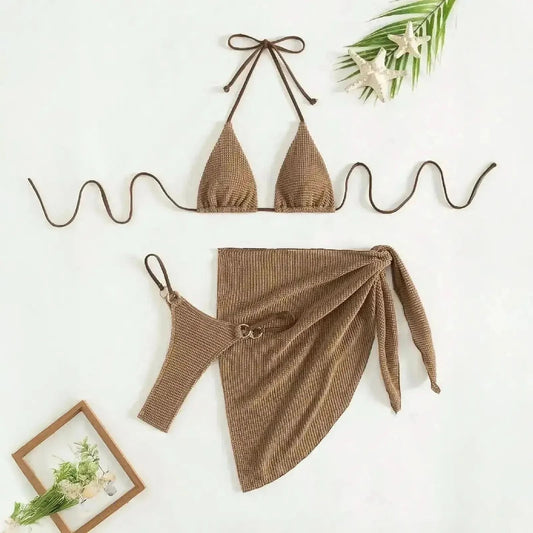 Set Bikini Marron 3 Pièces Push - Up - Saylana