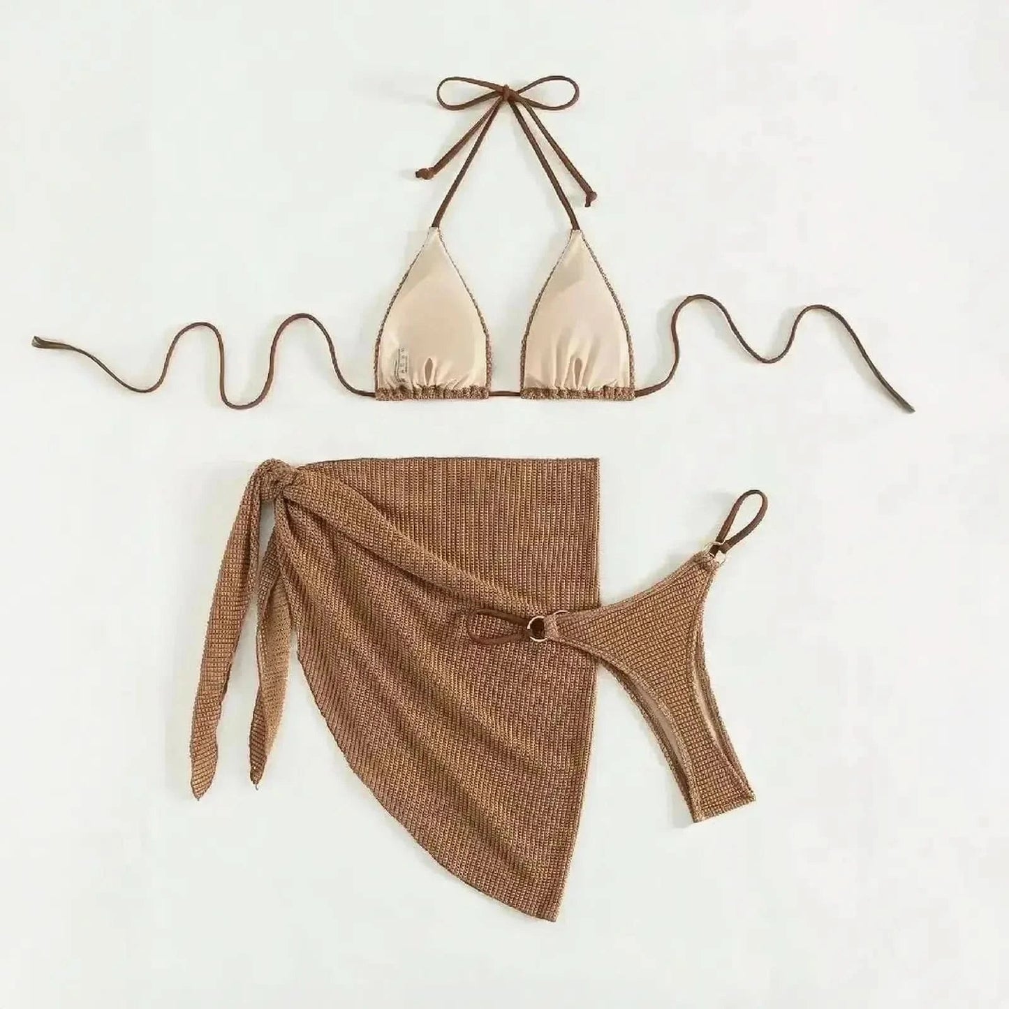 Set Bikini Marron 3 Pièces Push - Up - Saylana