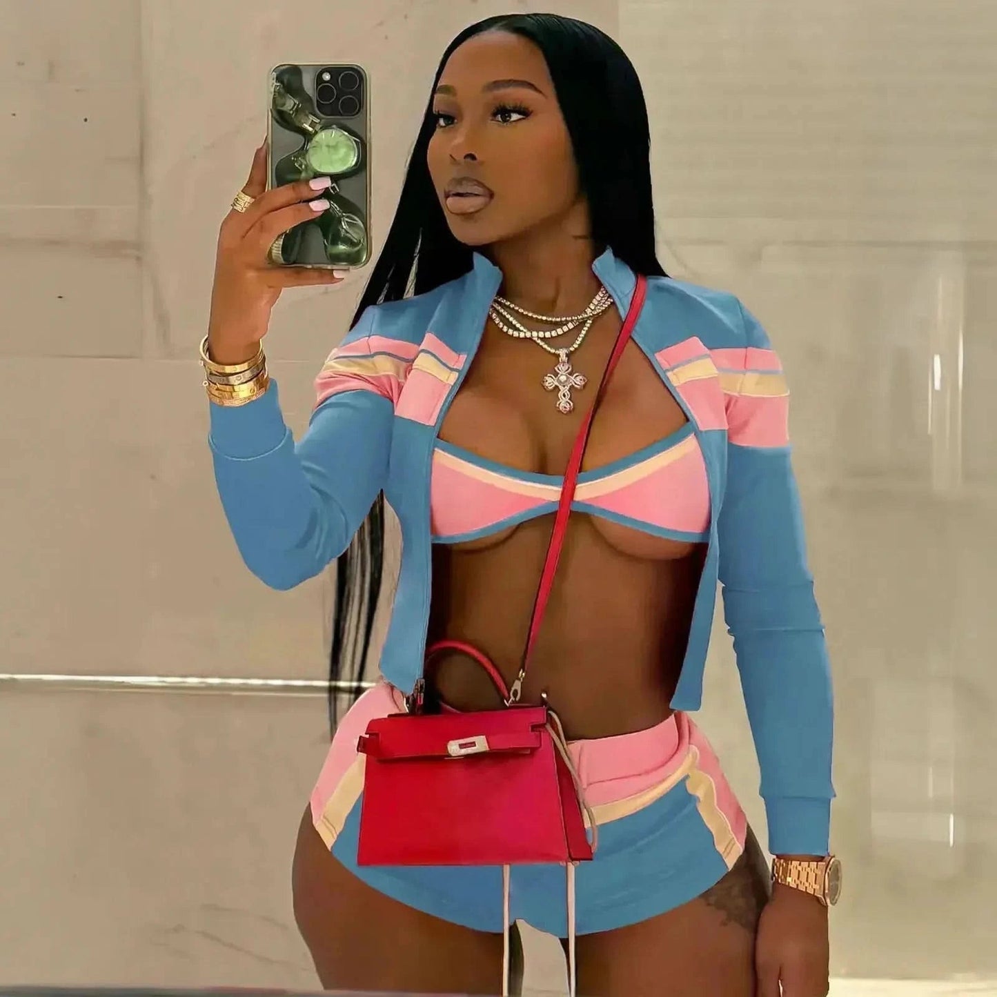 Set Crop Top + Bra + Short Femme - Saylana