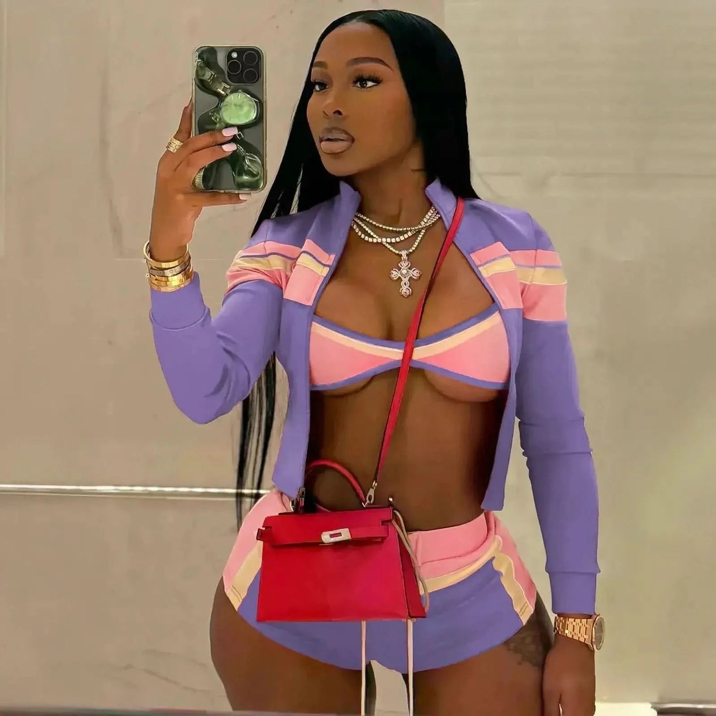 Set Crop Top + Bra + Short Femme - Saylana