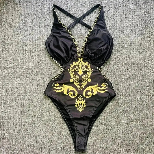 Sexy Imprimé Doré Décolleté V - Saylana