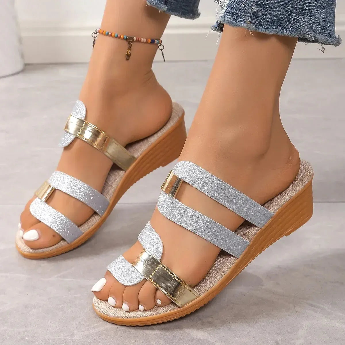 Slippers Compensées Paille & Cuir-Saylana