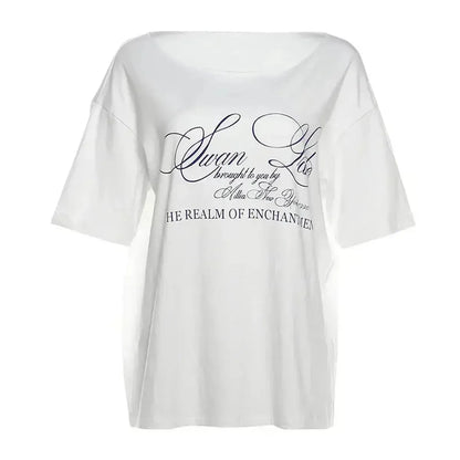 T-shirt blanc oversize à une épaule graphique-Saylana