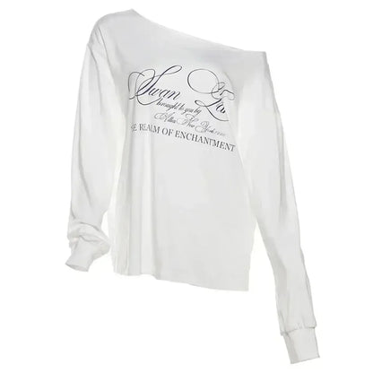T-shirt blanc oversize à une épaule graphique-Saylana