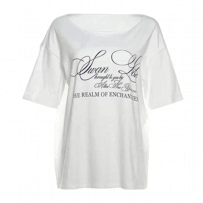 T-shirt blanc oversize à une épaule graphique - Saylana