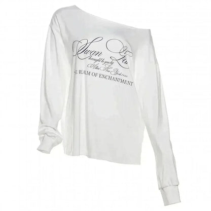 T-shirt blanc oversize à une épaule graphique - Saylana