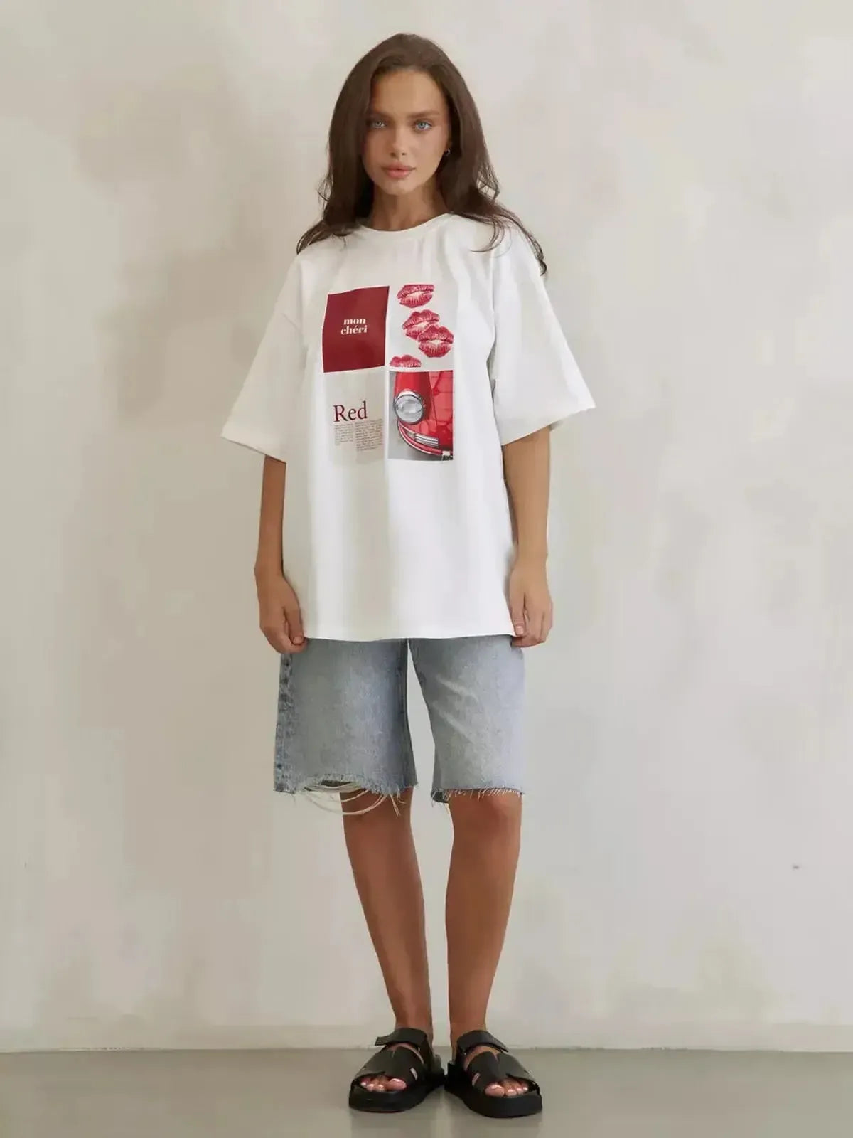 T-shirt coton pur à imprimé rétro Y2K américain-Saylana