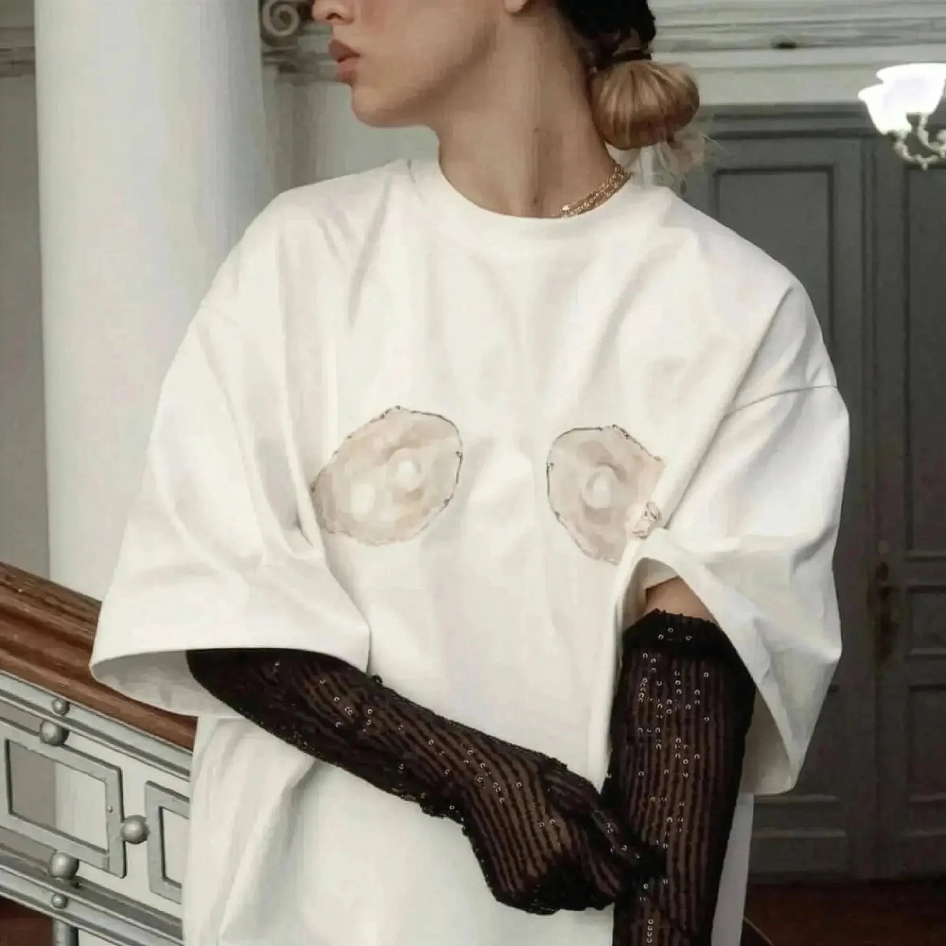 T-shirt imprimé coquillage Y2K au col rond casual - Saylana