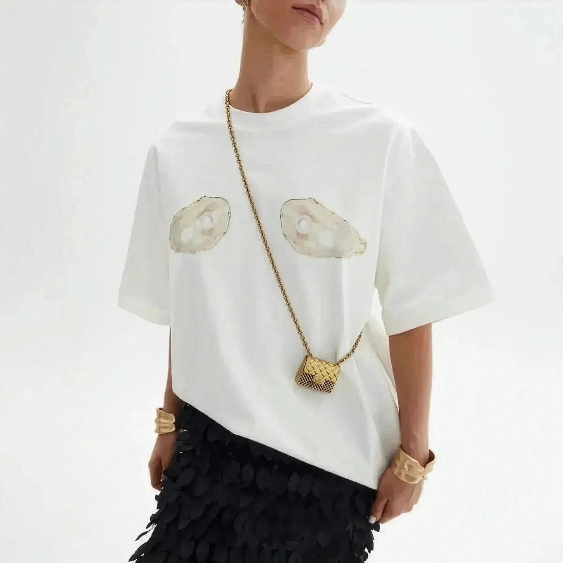 T-shirt imprimé coquillage Y2K au col rond casual - Saylana