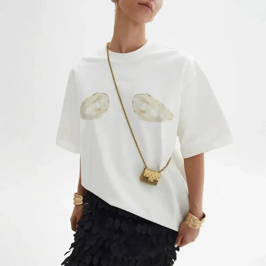 T-shirt imprimé coquillage Y2K au col rond casual-Saylana