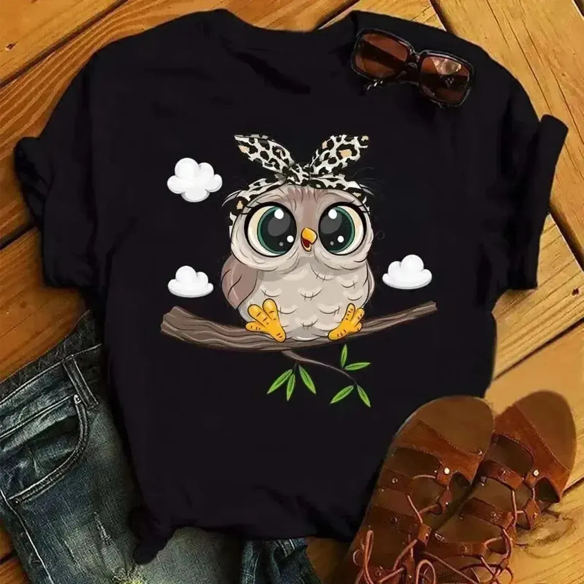 T-shirt noir kawaii imprimé hibou style Harajuku-Saylana