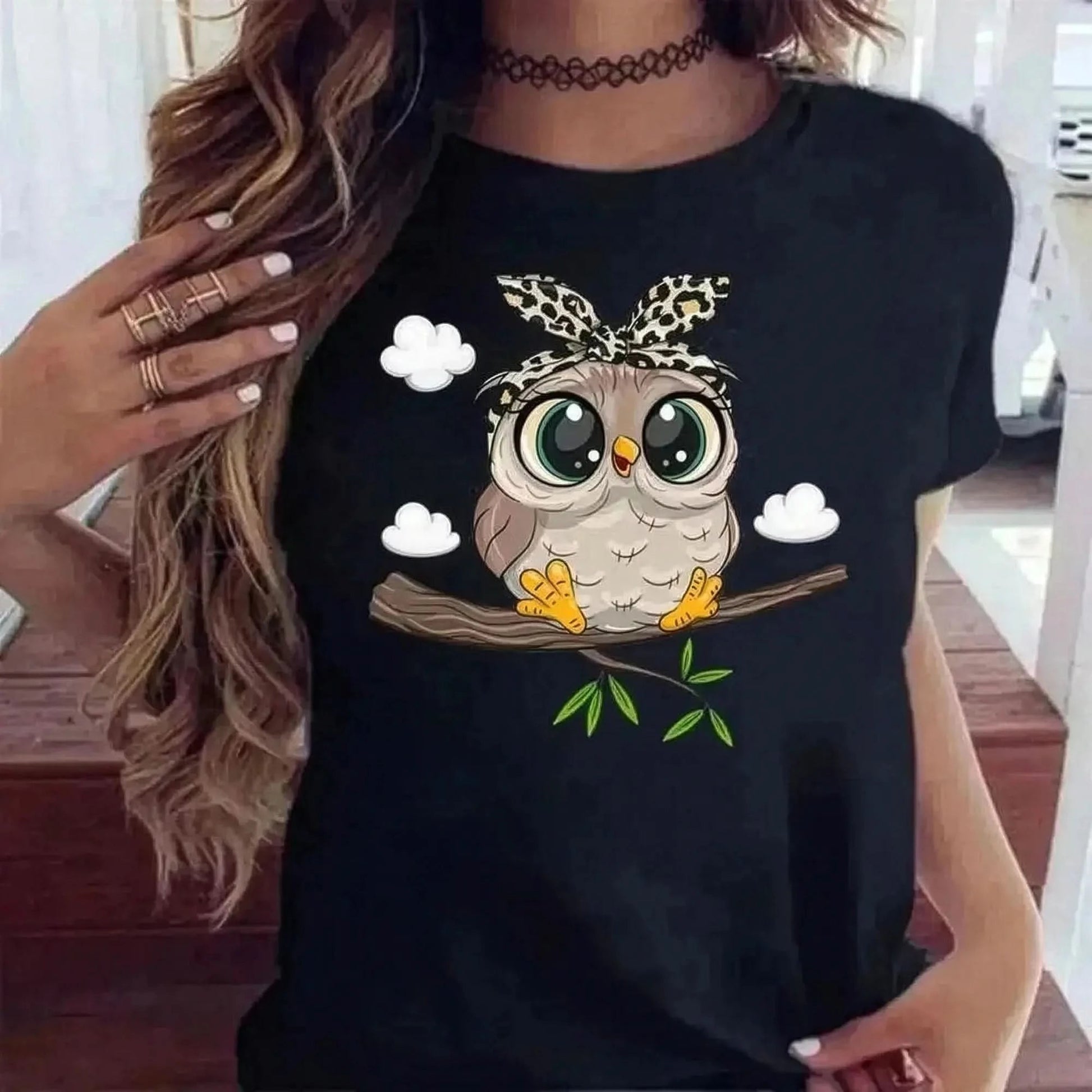 T-shirt noir kawaii imprimé hibou style Harajuku - Saylana