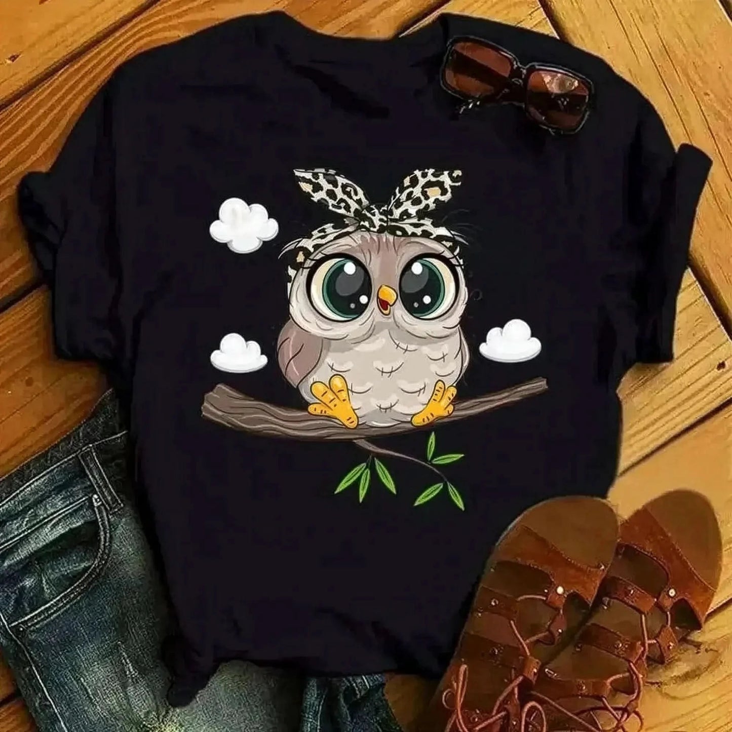 T-shirt noir kawaii imprimé hibou style Harajuku - Saylana