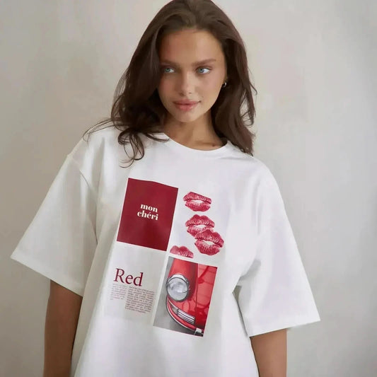 T-shirt rétro coton pur à imprimé rétro Y2K américain - Saylana