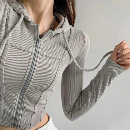 Thin Hooded Cardigan Women Korean Vintage Slim Summer Solid Sports Jacket Vertical Pit Stripe Zipper Female Sexy Cropped Tops-Saylana