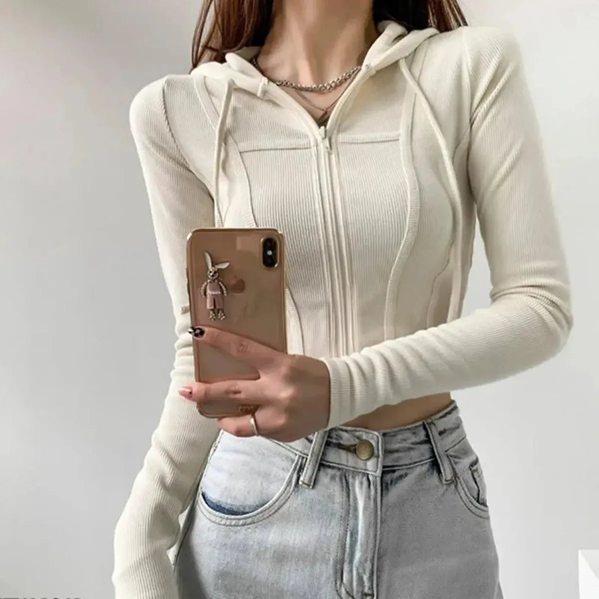 Thin Hooded Cardigan Women Korean Vintage Slim Summer Solid Sports Jacket Vertical Pit Stripe Zipper Female Sexy Cropped Tops-Saylana