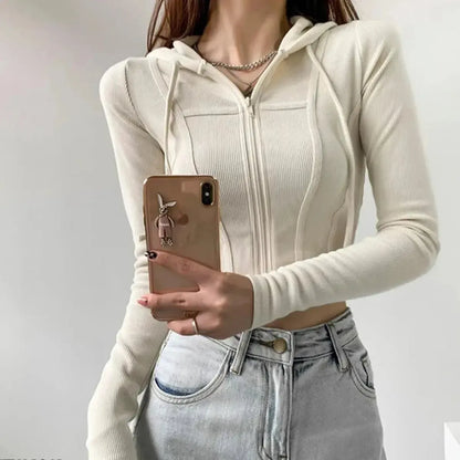 Thin Hooded Cardigan Women Korean Vintage Slim Summer Solid Sports Jacket Vertical Pit Stripe Zipper Female Sexy Cropped Tops-Saylana