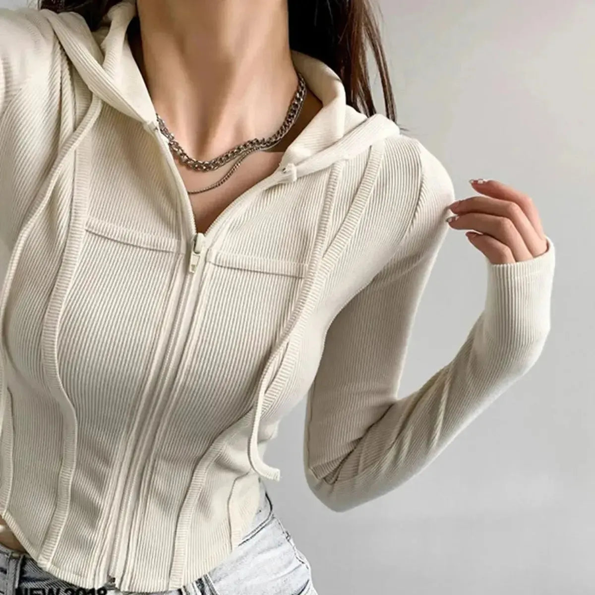 Thin Hooded Cardigan Women Korean Vintage Slim Summer Solid Sports Jacket Vertical Pit Stripe Zipper Female Sexy Cropped Tops-Saylana