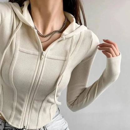 Thin Hooded Cardigan Women Korean Vintage Slim Summer Solid Sports Jacket Vertical Pit Stripe Zipper Female Sexy Cropped Tops-Saylana