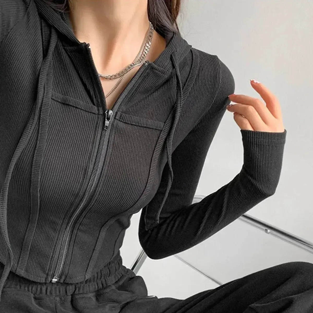 Thin Hooded Cardigan Women Korean Vintage Slim Summer Solid Sports Jacket Vertical Pit Stripe Zipper Female Sexy Cropped Tops-Saylana
