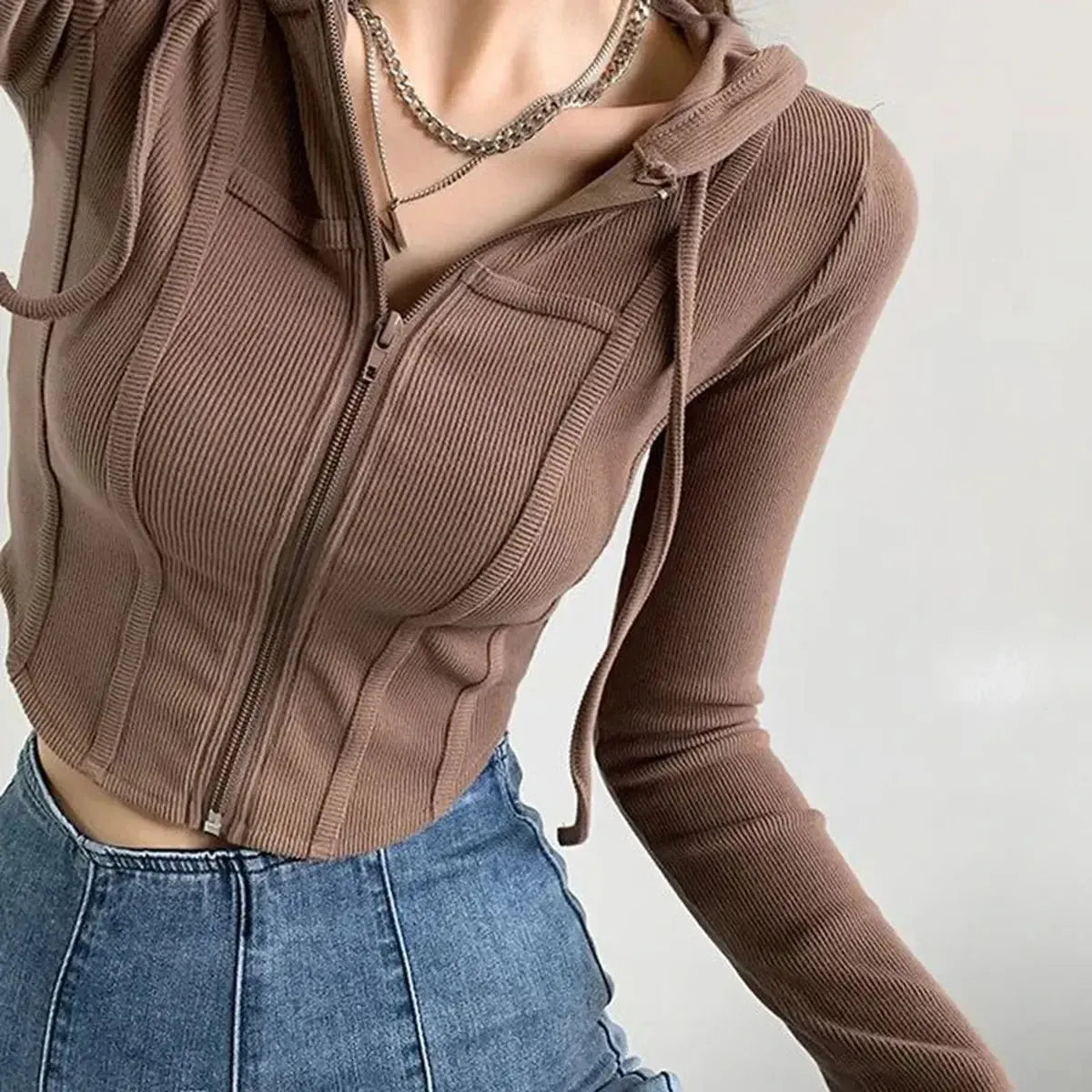 Thin Hooded Cardigan Women Korean Vintage Slim Summer Solid Sports Jacket Vertical Pit Stripe Zipper Female Sexy Cropped Tops-Saylana