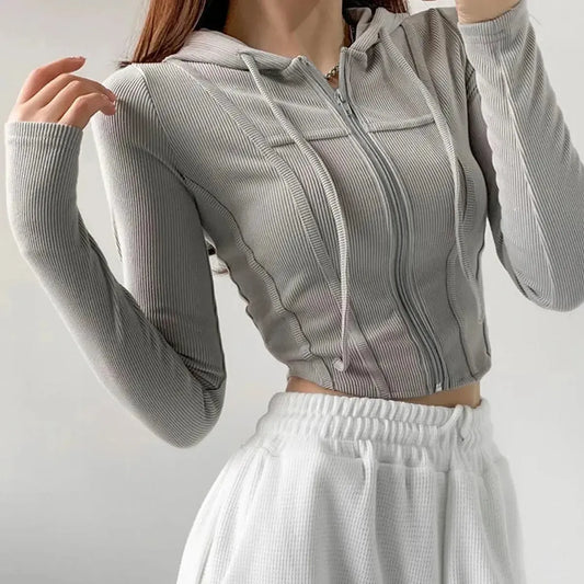 Thin Hooded Cardigan Women Korean Vintage Slim Summer Solid Sports Jacket Vertical Pit Stripe Zipper Female Sexy Cropped Tops-Saylana