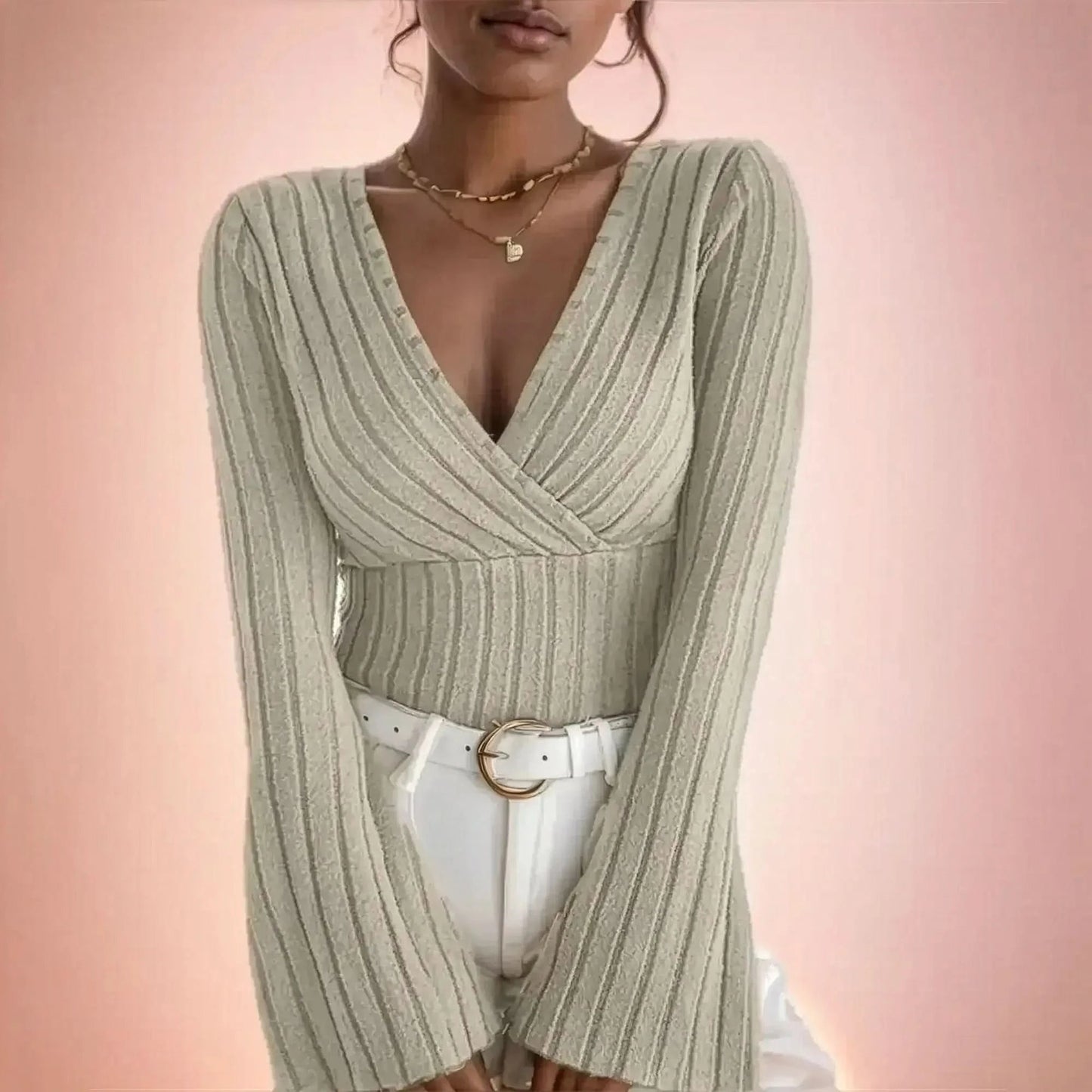 Top rayé slim à col V manches longues automne - hiver - Saylana