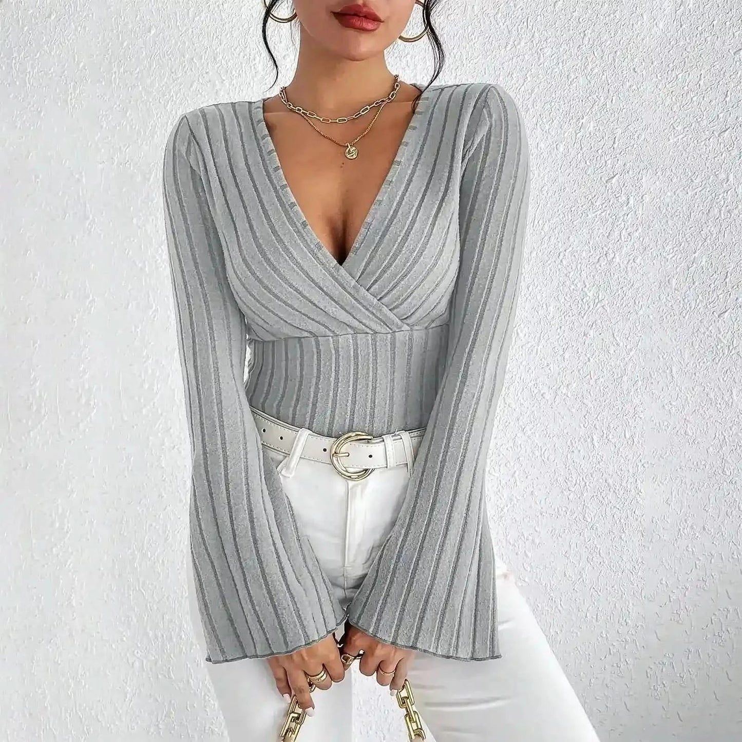 Top rayé slim à col V manches longues automne - hiver - Saylana