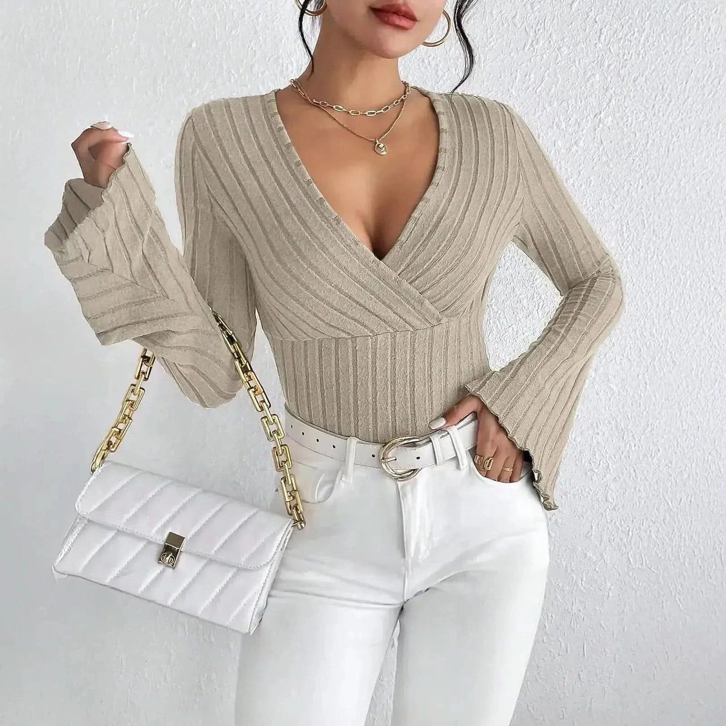 Top rayé slim à col V manches longues automne - hiver - Saylana