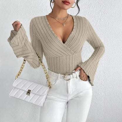 Top rayé slim à col V manches longues automne - hiver - Saylana